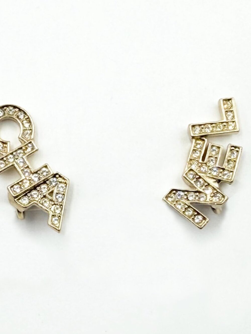 Chanel Gold CC Crystal Cha Nel Letter Asymmetrical Clip on Earrings